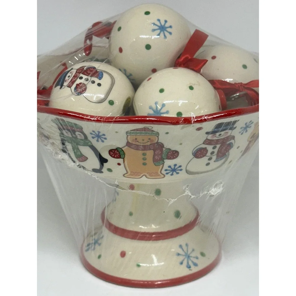 Temp-tations Christmas Pedestal Bowl Set Cream Snowman Gingerbread Holiday Decor